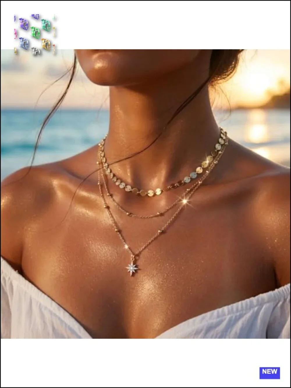 3Pcs Gold Layered Stackable Choker Pendant Set, Waterproof Adjustable 14K Gold